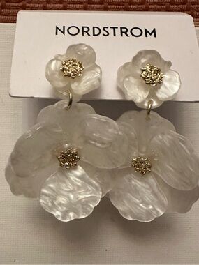 Pansy Drop Earrings Pearl-Effect Floral Drop with Gold Centers